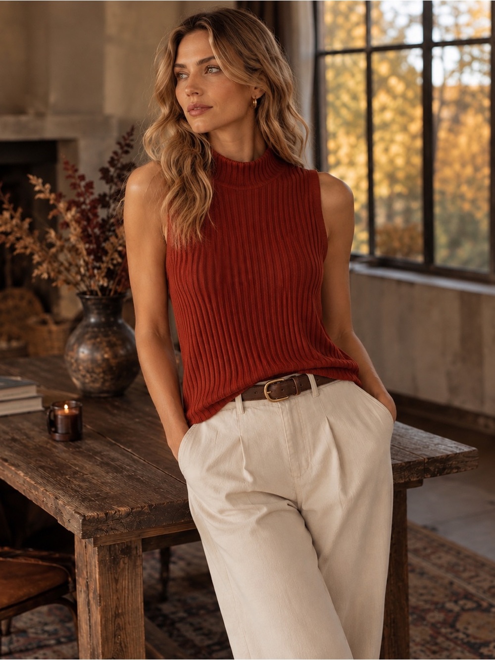 Liverpool Los Angeles Rust Ribbed Mock Neck Top | Size M